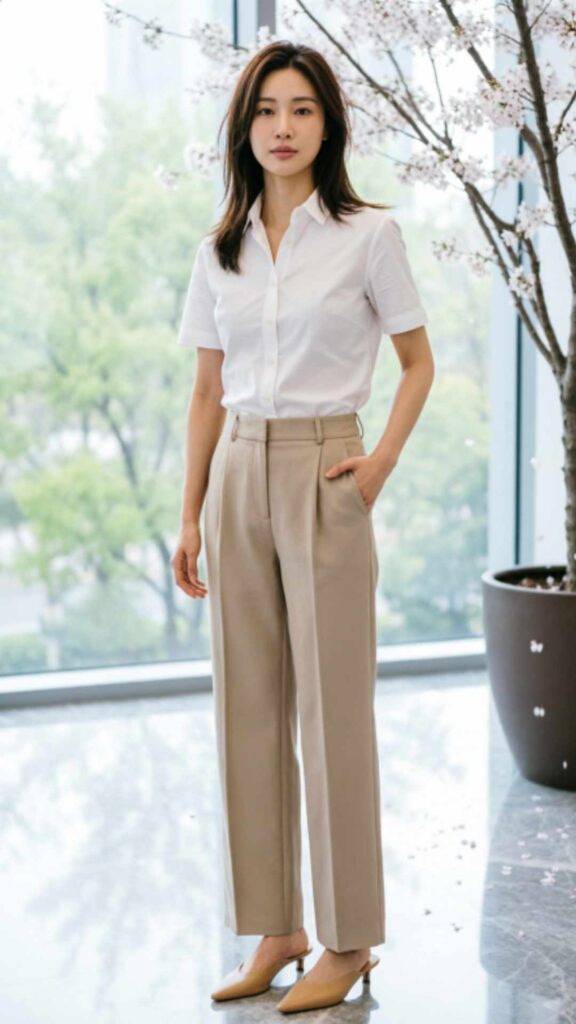 White Button-Down with High-Waisted Pants