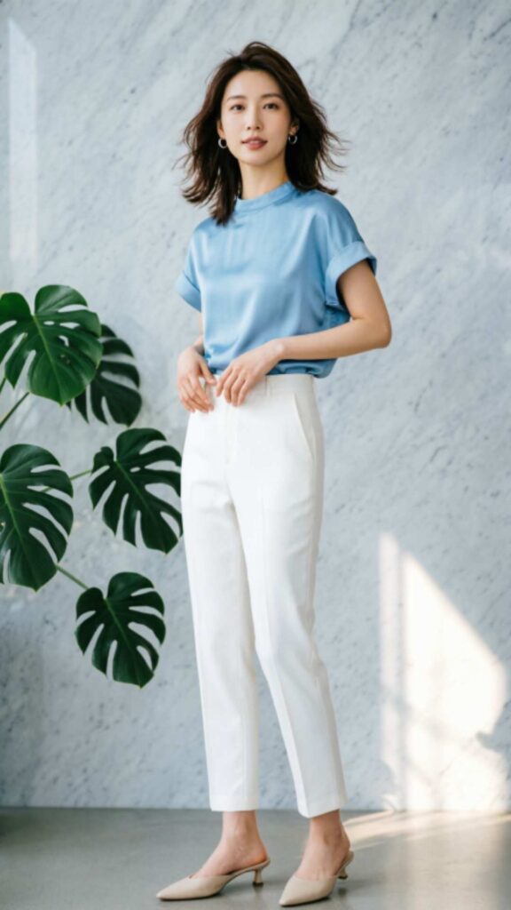 Soft Blue Blouse with White Trousers