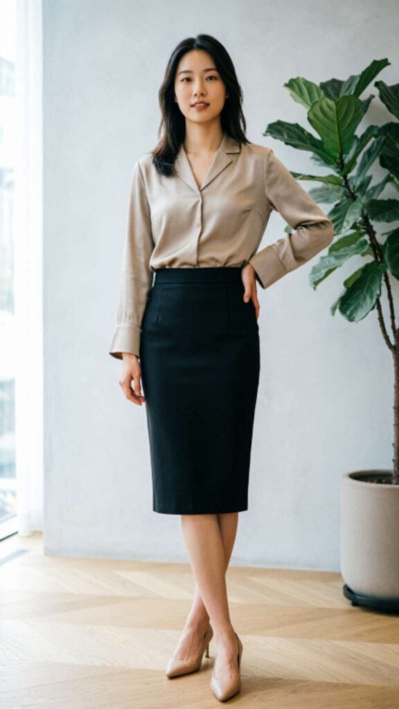 Pencil Skirt with Silk Blouse