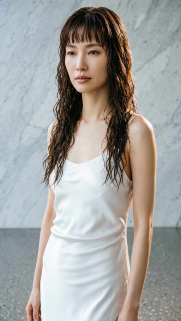 Wet Wavy Hair with Curtain Bangs